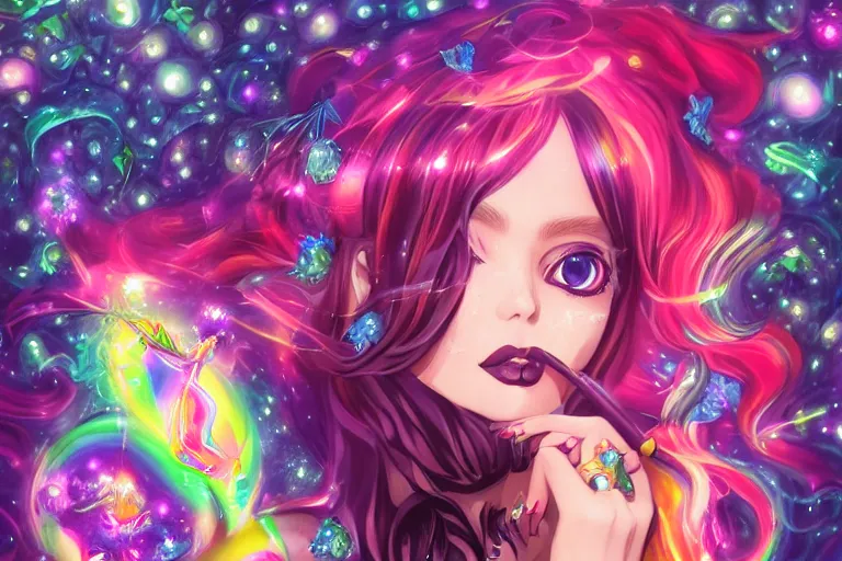 Image similar to psychedelic, whimsical, anime, 4k, beautiful seductive succubus smoking weed, with professional makeup, long trippy hair, a crystal and flower dress, sitting on a reflective pool, surrounded by gems, underneath the stars, rainbow fireflies, trending on patreon, deviantart, twitter, artstation, volumetric lighting, heavy contrast, art style of Greg Rutkowski and Miho Hirano and Ross Tran
