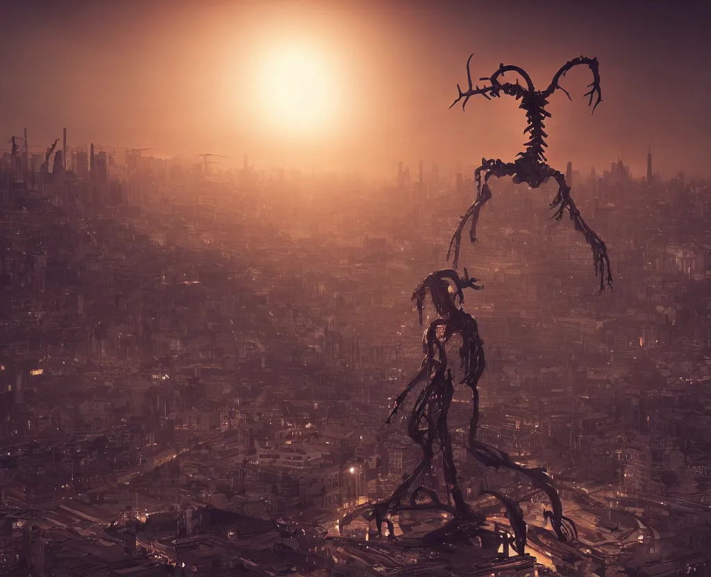 Image similar to silhouette of a gashadokuro above a victorian city, epic painting, octane render, extremely detailed