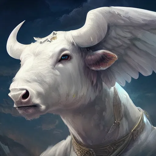 Image similar to a white bull with angelic wings, epic fantasy digital art, fantasy style art, by Greg Rutkowski, fantasy hearthstone card art style