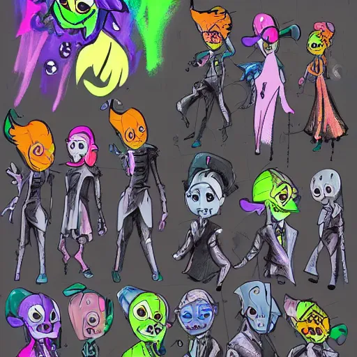 Image similar to character design sheets for a new sinister vampire squid character, artwork in the style of splatoon from nintendo, art by tim schafer from double fine studios, black light, neon, spray paint, punk outfit, tall thin toothpick like frame adult character, fully clothed, gothic, color explosion, colorful, gothic rainbow, sparkles and glitter, pop art