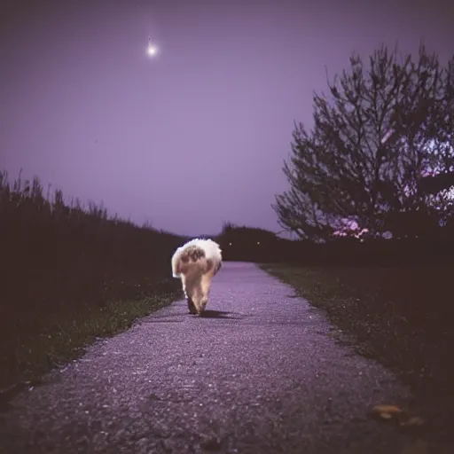 Image similar to dog walking in the night cinematography