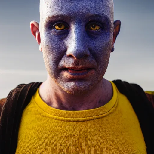Image similar to portrait photo of a yellow man with yellow skin who is bald with wrinkles and stubble, he wears blue overalls and no shirt, he looks like a human minion, he has big bubbly silver goggle, moody cinematic lighting, realistic facial features, hyper detailed, crisp image, leica, 2 4 mm lens