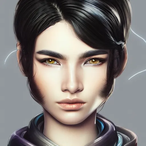 Prompt: portrait of a beautiful dark - haired androgynous space ranger, soft lightning, high detailed, detailed face, detailed eyes, intricate, smooth, sharp focus, high contrast, dramatic lighting, artstation, art by sora kim,