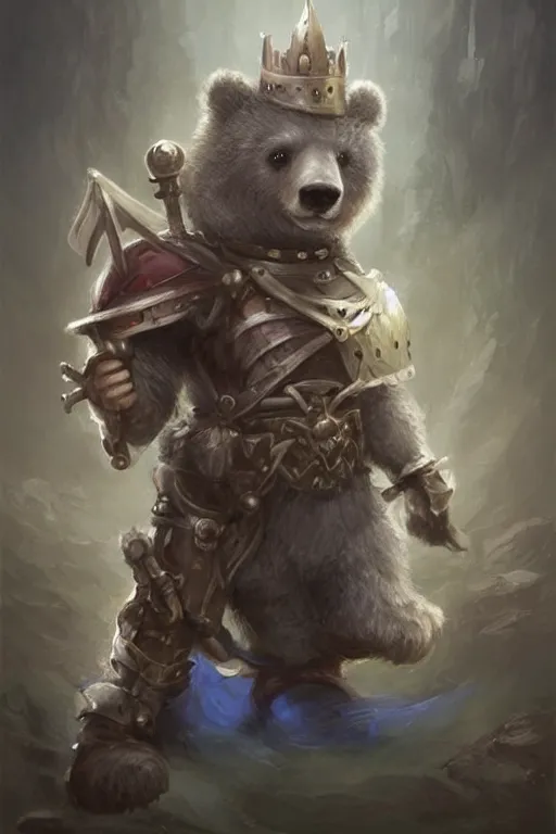 Image similar to cute little anthropomorphic bear knight wearing a cape and a crown, tiny, small, miniature bear, baby animal, short, pale blue armor, cute and adorable, pretty, beautiful, DnD character art portrait, matte fantasy painting, DeviantArt Artstation, by Jason Felix by Steve Argyle by Tyler Jacobson by Peter Mohrbacher, cinematic lighting