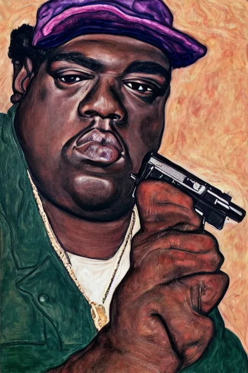 Image similar to a portrait of biggie smalls holding a gun in style of egon schiele, 4 k, trending on artstation