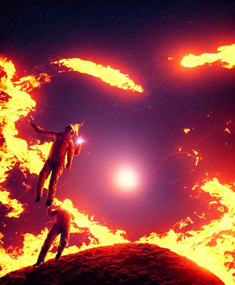 Image similar to realistic photo of a man just landed on firey future planet, stars are glowing around, octane render, very hyper realistic, highly detailed