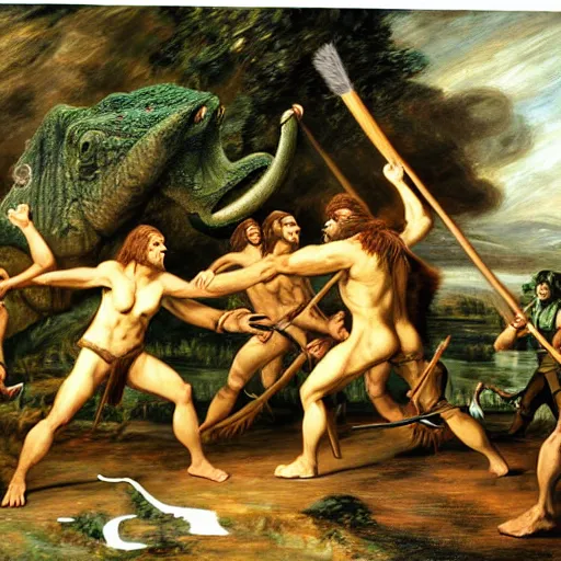 Image similar to A green scaly dinosaur!!! fighting with several realistic detailed cavemen with proportioned bodies, the cavemen are armed with spears, the caveman are in a fighting stance, the cavemen are wearing animal furs, coarse canvas, visible brushstrokes, intricate, extremely detailed painting by John Constable