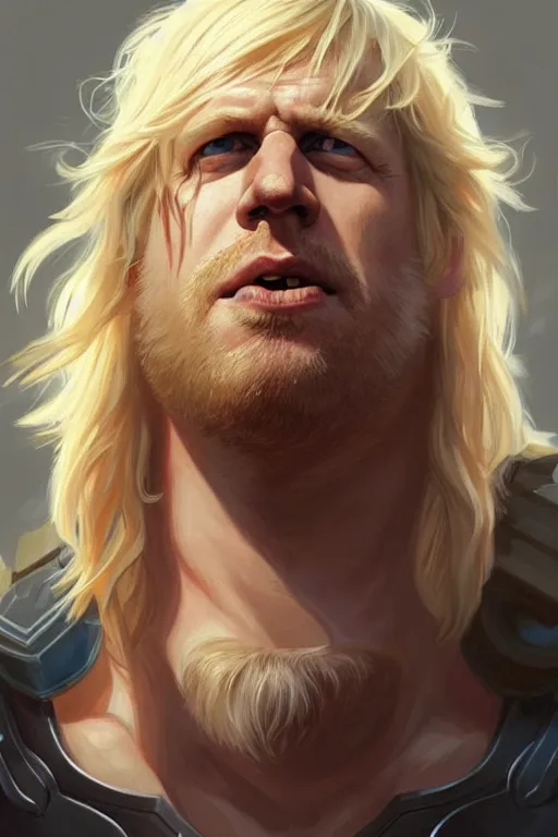 Prompt: Boris Johnson as Thor, Boris Johnson hairstyle, masculine figure, highly detailed, digital painting, artstation, concept art, smooth, sharp focus, illustration, cinematic lighting, art by artgerm and greg rutkowski and alphonse mucha