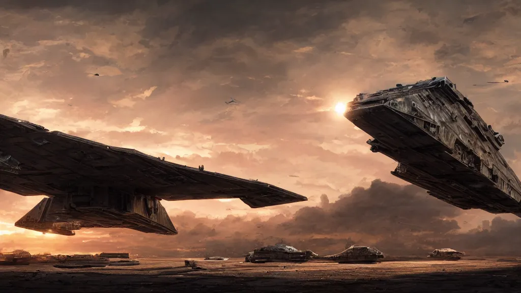 Image similar to a photorealistic hyperrealistic render of a star wars imperial star destroyer landing at a junkyard by greg rutkowski, vitaly bugarov, stephan martiniere, nicolas bouvier sparth, james paick, dramatic moody sunset lighting, long shadows, volumetric, cinematic atmosphere, octane render, artstation, 8 k