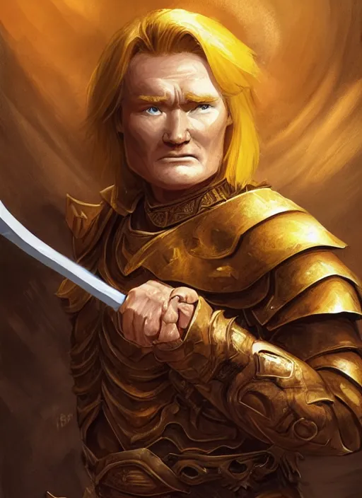 Prompt: illustration of conan o'brien as a dnd paladin with short blond hair and big muscles, yellow hair, straw colored hair, casting a protection spell, by bayard wu