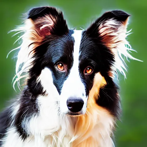 Image similar to Border Collie, splash art, movie still, cinematic lighting, dramatic, octane render, long lens, shallow depth of field, bokeh, anamorphic lens flare, 8k, hyper detailed, 35mm film grain