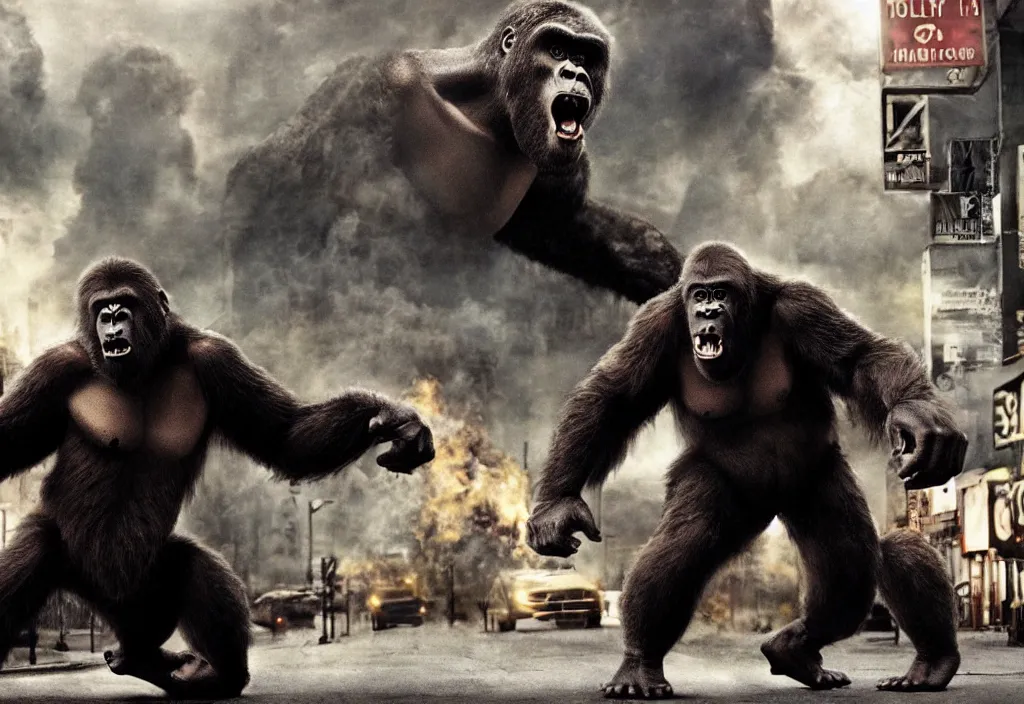 Image similar to An king Kong rage on street, Hollywood scene , cinematic , 2012, end of the world movie , full color