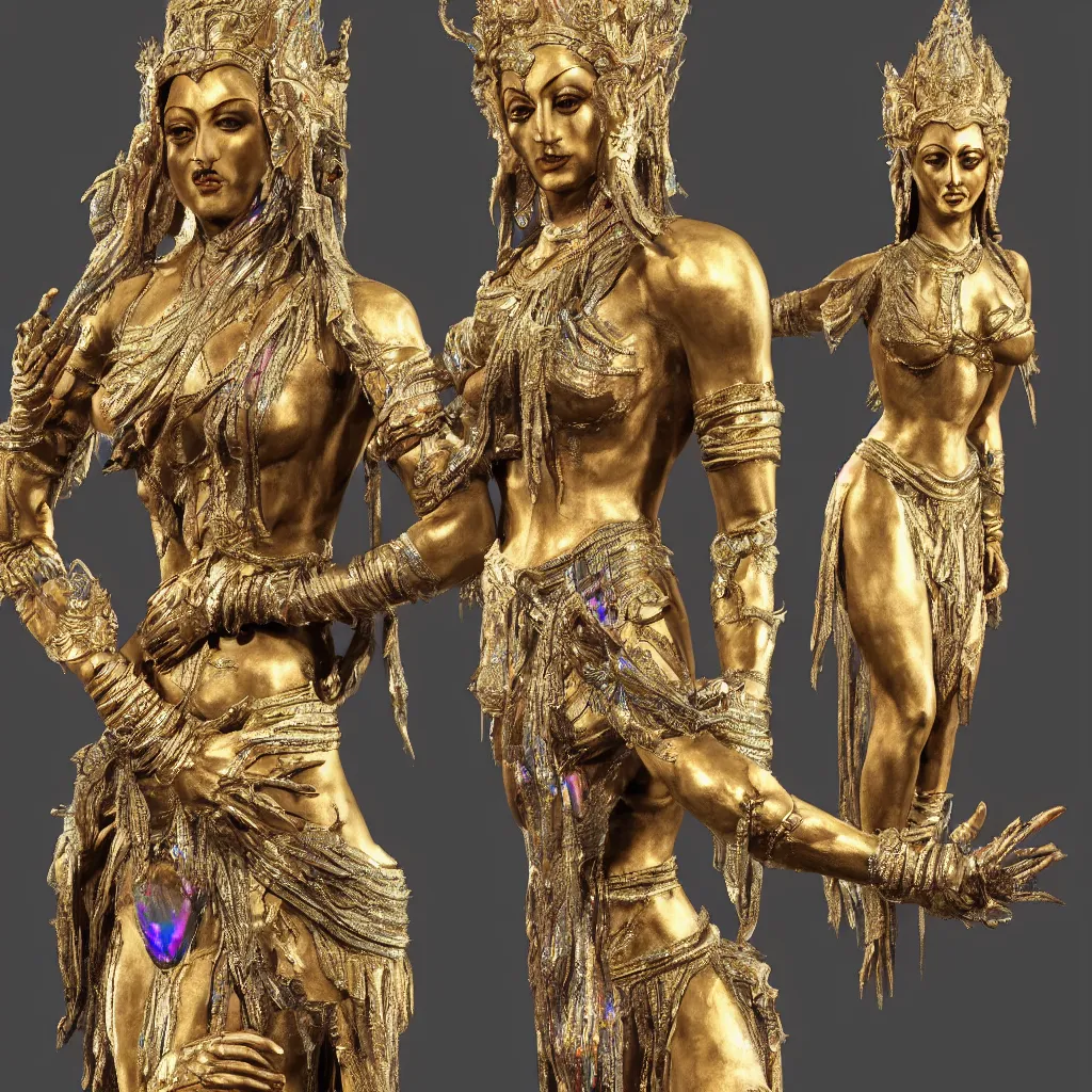 Image similar to a full body madonna statue made of iridiscent metal inspired by the looks of vishnu, very detailed, unreal engine 5, made for an art gallery