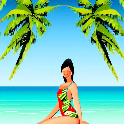 Prompt: a beautiful illustration of a woman in a swimsuit on the beach with palm trees by hed kandi, adobe illustrator