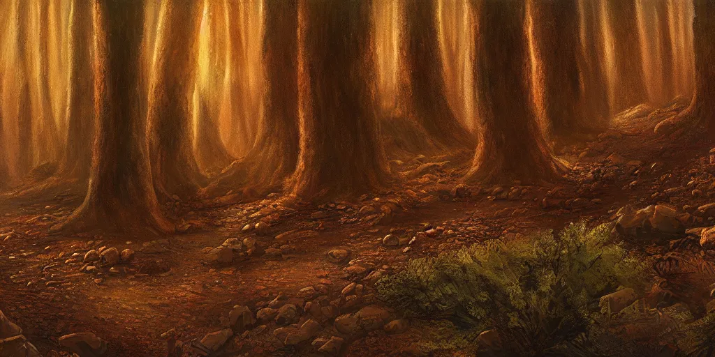 Prompt: A forest on Mars, cinematic lighting, detailed oil painting, hyperrealistic, 8k