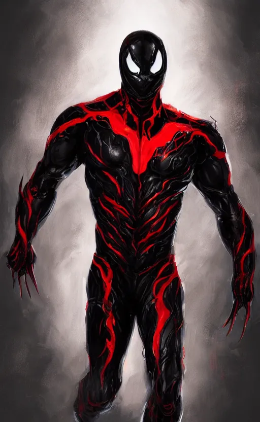 Image similar to venom in a venom inspired ironman suit, black and red, dynamic lighting, photorealistic fantasy concept art, trending on art station, stunning visuals, terrifying, creative, cinematic