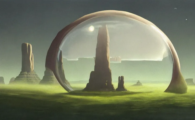 Image similar to hyperrealist painting of a stone spaceship inside a giant transparent bubble from howl's moving castle ( 2 0 0 4 ) in a flooded monument valley stonehenge jungle. 1 9 7 0 s science fiction, moody, misty, depth perception, 4 k, artstation, in the style of studio ghibli