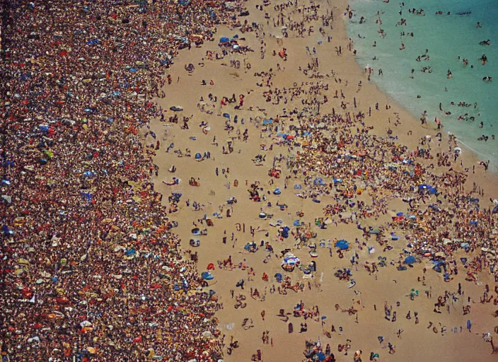 Image similar to close-up color film photography 1970s, aerial view of the beach with a lot of people, soft focus, golden hour, soft light, 35mm, film photo, Joel Meyerowitz