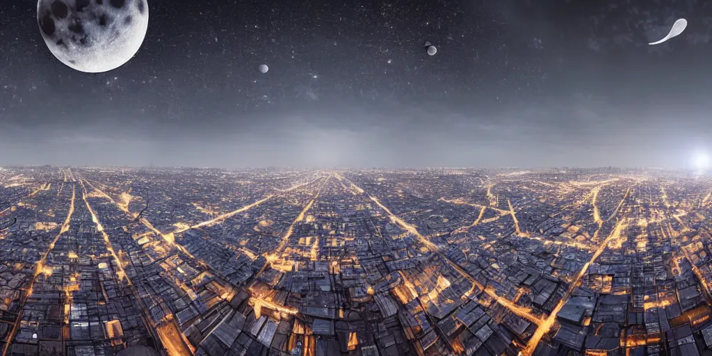 Prompt: a big industrial city metropoli in the distance, cloudy dark sky, it's late at night the moon and the milky way shine, dead bodies are scattered over the city, 3 6 0 render panorama