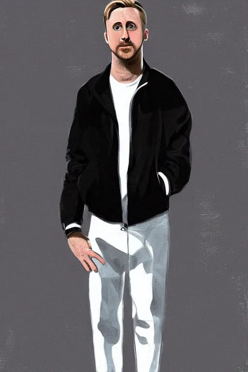 Prompt: extreme long shot. ryan gosling as russian man in white adidas pants. black jacket. white sneakers. sad face. staying on the street. digital painting.