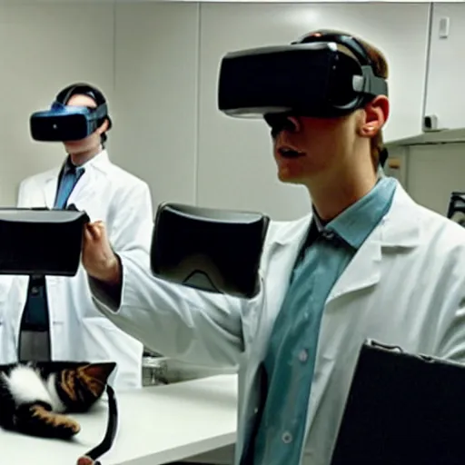 Image similar to a 2004 film still of a cat wearing a VR helmet, two people in lab coats standing behind the cat, one person has a clipboard, lab equipment in the background