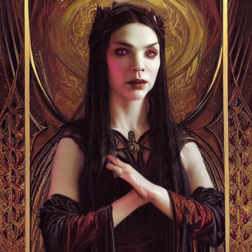 Image similar to Masterpiece painting of beautiful malicious vampire princess gothic portrait by Donato Giancola and Tom Bagshaw, face by Artgerm and Edmund Leighton, golden ratio, trending on cgsociety, intricate, majestic, dark epic fantasy, trending on artstation, by H.R. Giger, background by James Jean and Gustav Klimt, 8k, volumetric Lighting, Hokusai, detailed crimson ink outline, trending on pixiv