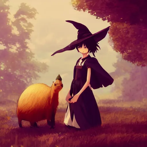 Image similar to full body portrait character concept art, anime key visual of a little witch with her capybara mascot, cinematic lighting, dramatic atmosphere, by dustin nguyen, akihiko yoshida, greg tocchini, greg rutkowski, cliff chiang, 4 k resolution, octane render