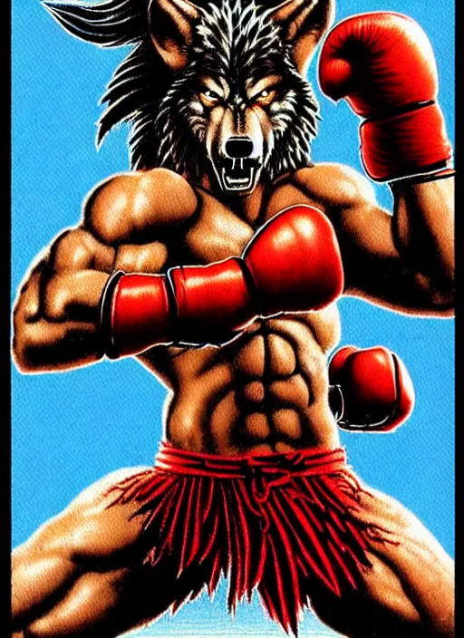 Image similar to extreme long shot. 8 bit nes graphics. antropomorphic muscular masculine wolf. kickboxer fighter, in shorts. wolf head. fine details, very sharp, art from nes game cartridge, marc simonetti and hermann nitsch