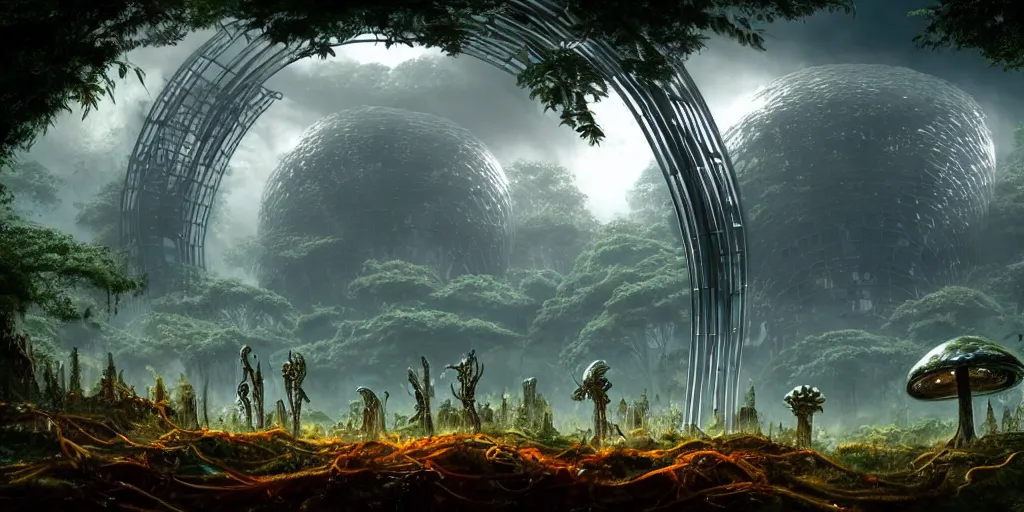 Image similar to a very colossal shining chrome metal arch is surrounded by jungles and mushrooms, retro - futuristic, science - fantasy, rusted, fungal, salt, lgbt, queer, rpg, epic, dungeons & dragons, sacred, sharp focus, award - winning, extremely detailed, 4 k, 8 k