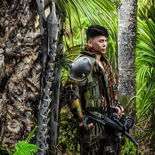 Prompt: call men wearing a jungle style clothes holding a weapon and wearing some armour looking around great photography