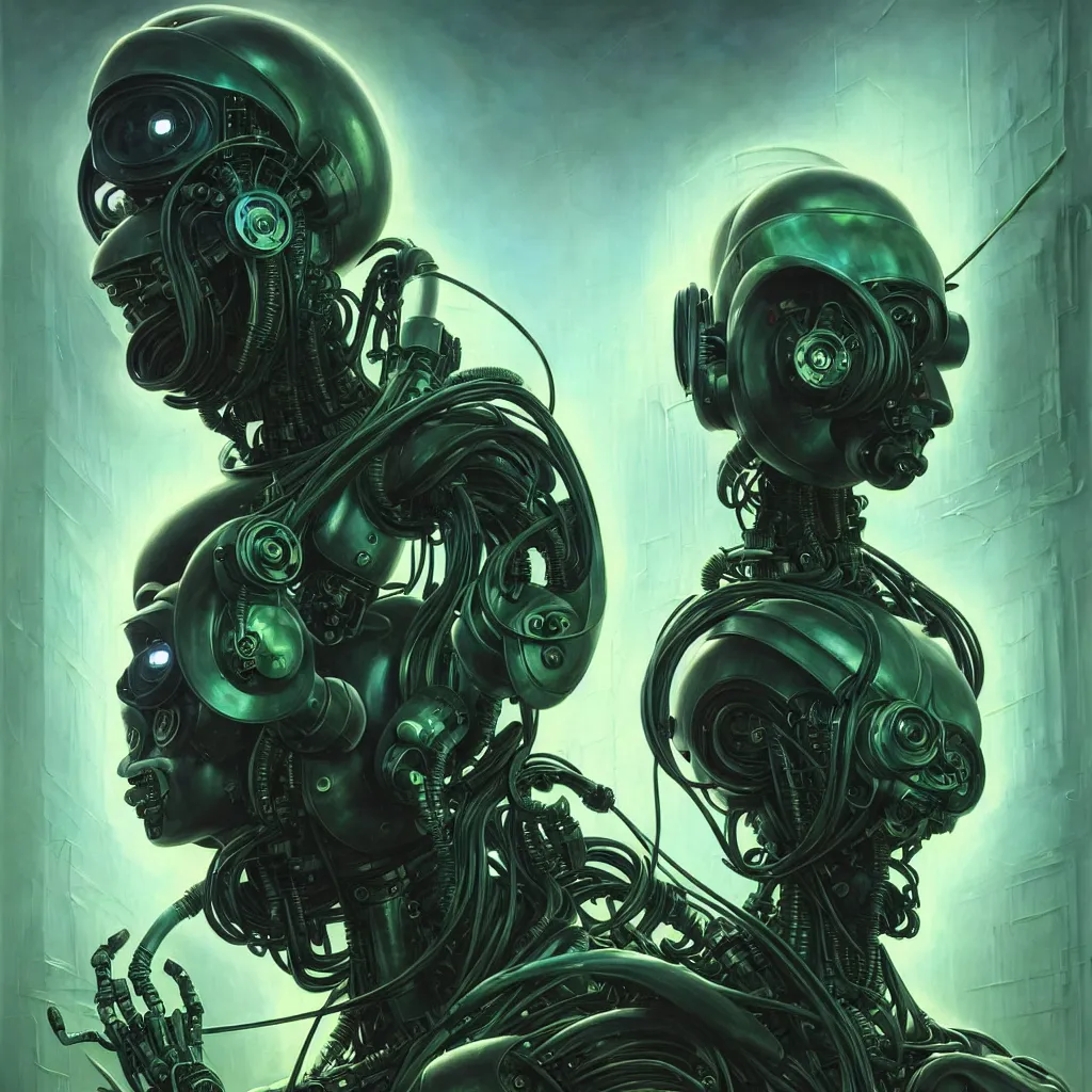 Prompt: low angle shot of a cyberpunk robot character wearing a gazmask in chernobyl, green eyes, intricate, elegant, highly detailed, centered, digital painting, artstation, concept art, smooth, sharp focus, illustration, artgerm, Tomasz Alen Kopera, Peter Mohrbacher, donato giancola, Joseph Christian Leyendecker, WLOP, Boris Vallejo