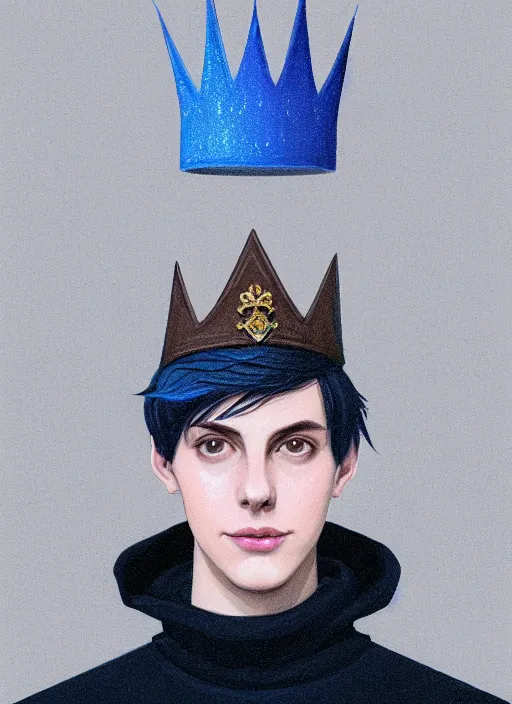 Image similar to portrait of teenage jughead jones wearing a light grey crown, crown, blue turtleneck, closed eyes, photorealistic, black hair, glowing lighting, intricate, elegant, glowing lights, highly detailed, digital painting, artstation, concept art, smooth, sharp focus, illustration, art by wlop, mars ravelo and greg rutkowski