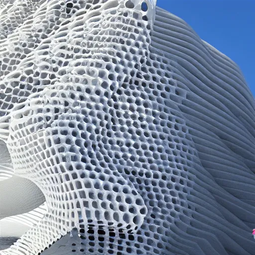 Prompt: giant parametric building that is white, horizontal, fluid form, complex | cinematic, hyper realistic, crazy detail, smoke geometry, artstation, hyper realistic, super detail