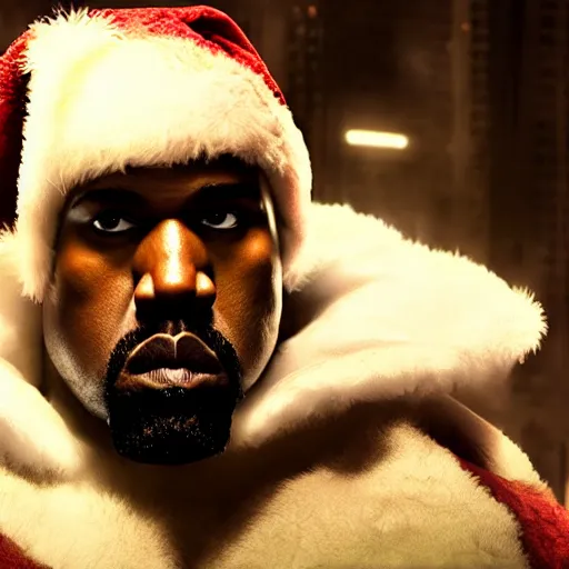 Image similar to Kanye West as santaclaus in 'Gears of War', splash art, movie still, cinematic lighting, detailed face, dramatic, octane render, long lens, shallow depth of field, bokeh, anamorphic lens flare, 8k, hyper detailed, 35mm film grain