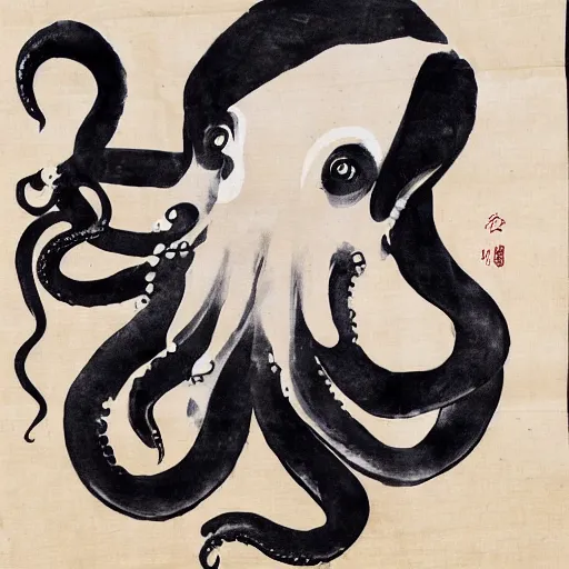 Prompt: a pig - octopus, calligraphy, ink on japanese rice paper