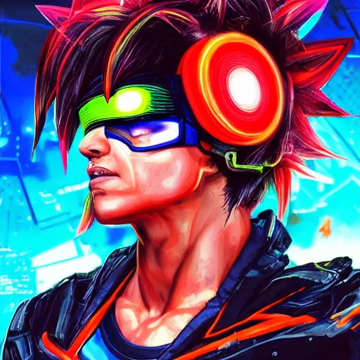 Image similar to a portrait of a neon cyberpunk goku in a racing helment by sandra chevrier, detailed render, epic composition, cybernetics, 4 k realistic, cryengine, realistic shaded lighting, sharp focus, masterpiece, by matteo scalera, gary montalbano, peter elson in the style of the tokyo ghost comic