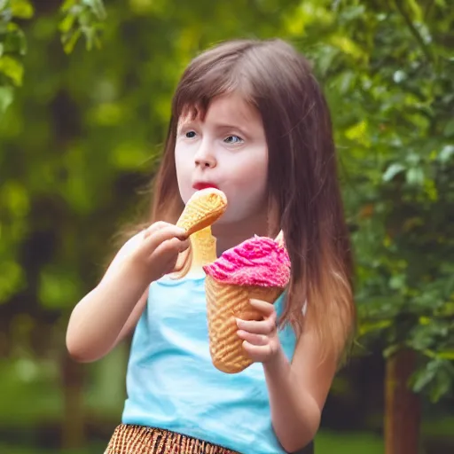 Prompt: young bemused girl wearing skirt and eating an ice cream cone.