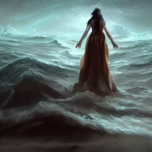 Image similar to concept art, facing the back of a woman standing alone in the middle of a sea storm, wearing a dress, thunderstom, lightning, rain, medieval, dark concept art, painting by wlop, nixeu and greg rutkowski, beautiful, semirealism, artstation, octane render, sharpness, 8 k, golden ratio