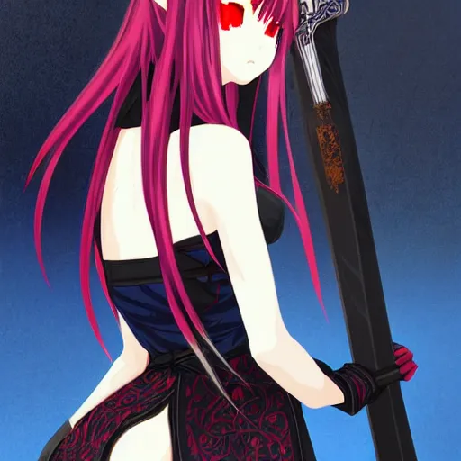 Image similar to seductive female vampire holding a bloodied katana, in the rain, highly detailed, painting, dark red and azure blue and black color palette, intricate, high quality anime artstyle, in the style of sana takeda