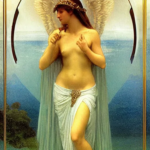 Image similar to The chalice of the angels, refracted sparkles, thunderstorm, greek pool, beach and Tropical vegetation on the background major arcana sky, by paul delaroche, alphonse mucha and arnold böcklin, hyperrealistic 8k, award-winning, very very very detailed