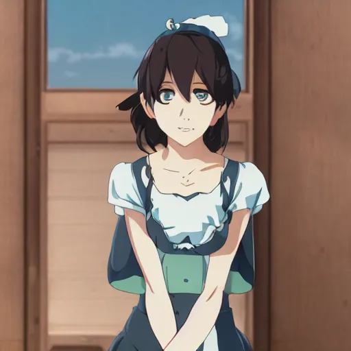Prompt: a female maid girl winking, makoto shinkai, ghibli, wlop, highly detailed, studio portrait, anime key visual,