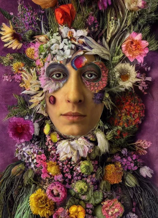 Prompt: a surrealist painting of a beautiful shaman's face, 3 d render, made of flowers, in the style of giuseppe arcimboldo, symbolist, soft colors, dramatic lighting, smooth!, sharp focus, extremely detailed!, aesthetically pleasing composition, octane render