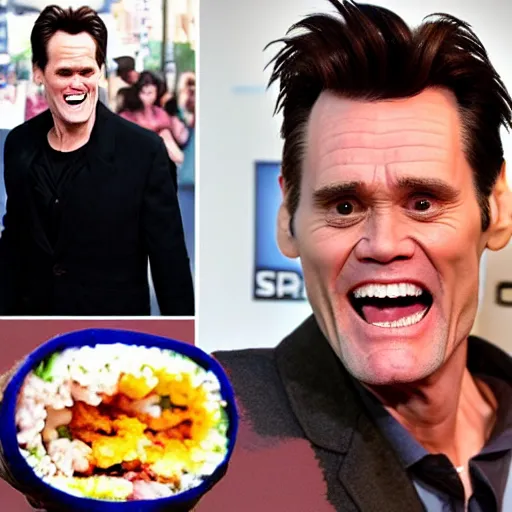 Image similar to jim carrey's head inside of a burrito, inside burrito, inside burrito