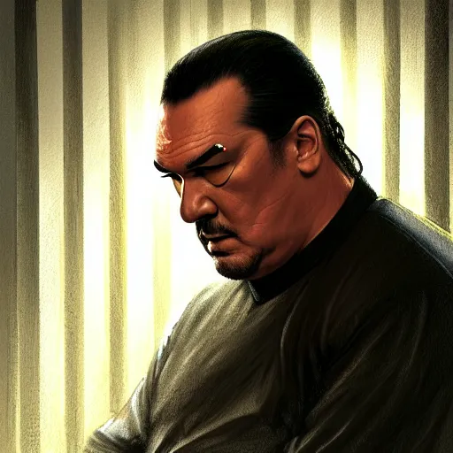 Prompt: sad steven seagal in jail cell, cell bars, cell bars, cell bars, cell bars, cell bars, cell bars, intricate, highly detailed, digital painting, artstation, concept art, smooth, sharp focus, illustration, art by greg rutkowski