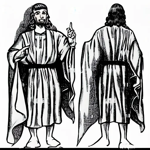 Image similar to white background. Man in Biblical clothing in the style of a black and white 1940s disney character reference sheet, ink outlines.