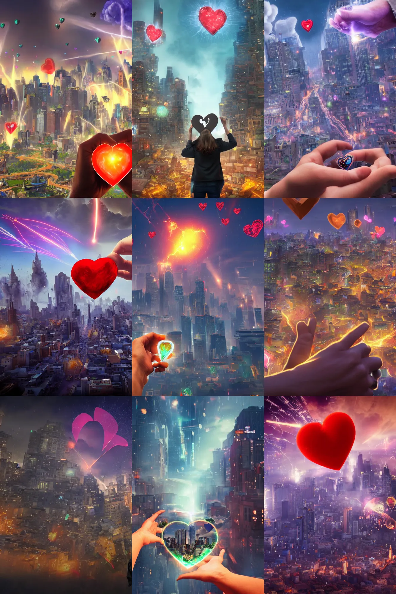 Prompt: hyperrealistic photo of a a cityscape with a large heart in the center, with buildings and bombs raining down from it. in the foreground is a person's hand, reaching out towards the heart, medium angle, in the style of hearthstone game
