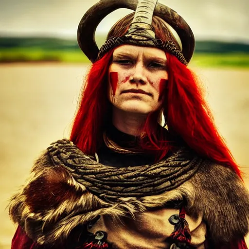 Prompt: Viking woman tribal, red hair,, photograph, national geographic, award winning.