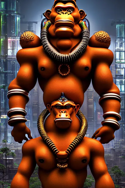 Image similar to high quality 3 d render post - rococo cyberpunk hanuman! head building, neon madhubani, open mouth, highly detailed, in sci - fi new delhi, cinematic smooth unreal engine, lee madgwick & liam wong, dramatic light, low angle, uhd 8 k, sharp focus