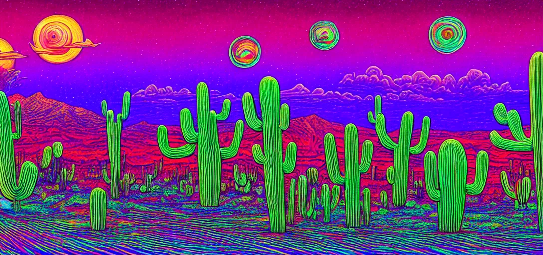 Image similar to A hand drawn digital still of mystical desert with strange ethereal creatures and cactus with a psychedelic night sky in the style of Alex Grey and Moebius, risograph, Artstation HD, 8k, Surrealistic digital artwork,