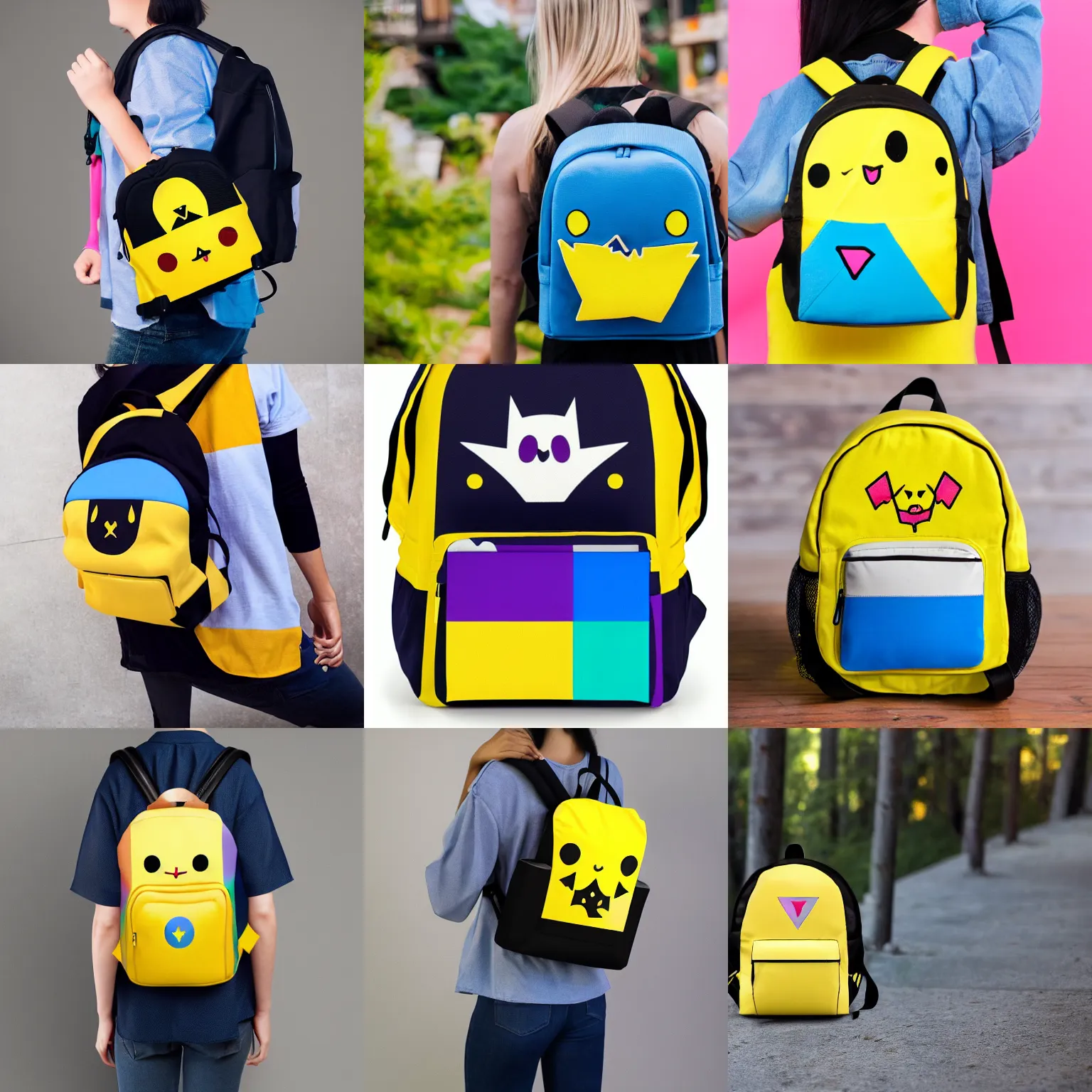 Prompt: mimikyu themed cute yellow pokemon backpack with trans flag pins, high definition softbox studio lighting product photo